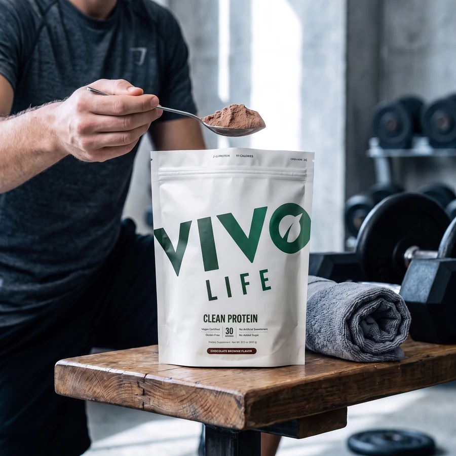 Krok 1: odmierz porcję 30 g Clean Protein czekoladowego na ławce treningowej