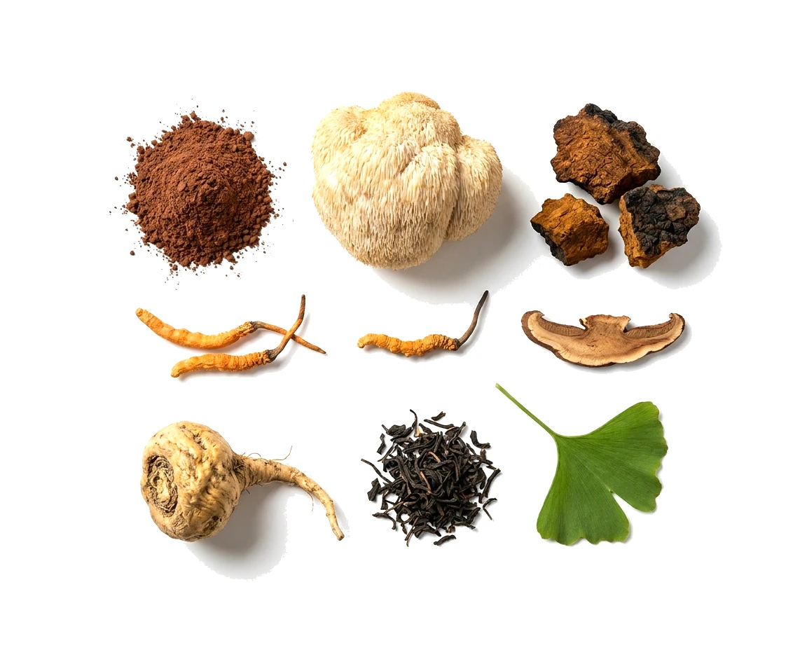 Składniki MINDGRND: kakao, soplówka jeżowata, chaga, kordyceps, reishi, maca, miłorząb, witamina B12