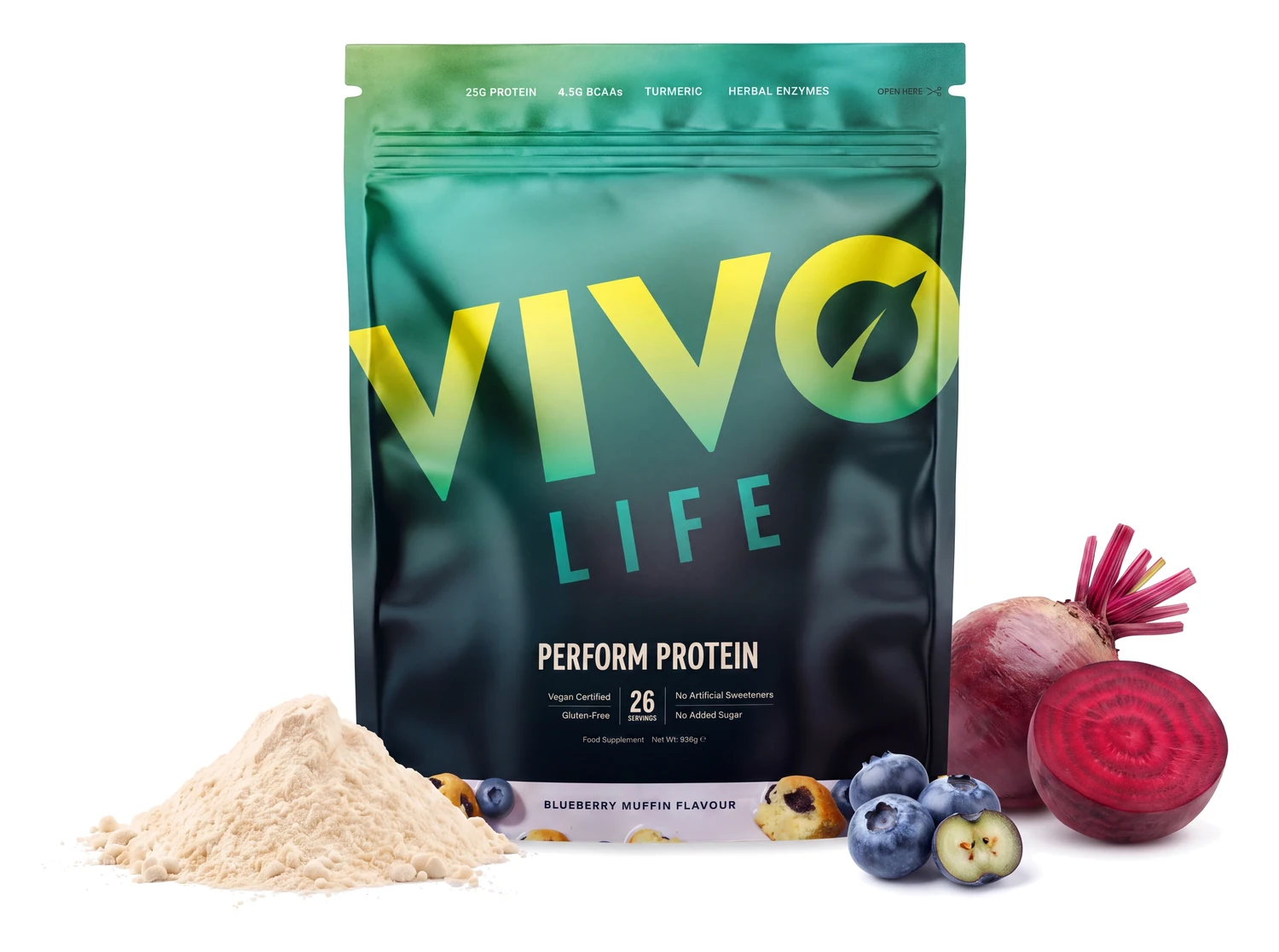 Vivo Life PERFORM jagodowy muffin 936 g, wegańskie białko roślinne z BCAA, obok borówki i korzeń buraka