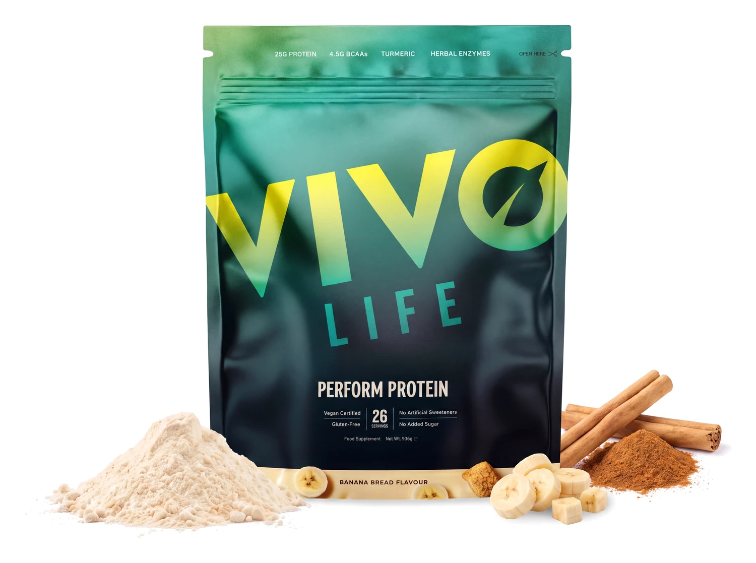 Vivo Life PERFORM chleb bananowy 936 g, wegańskie białko roślinne z BCAA, obok laski cynamonu cejlońskiego i plastry banana