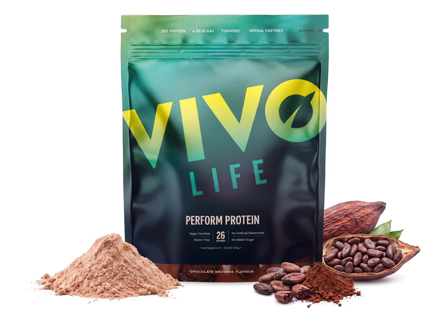 Vivo Life PERFORM czekoladowe brownie 936 g, wegańskie białko roślinne z BCAA, obok owoc kakaowca, ziarna kakaowca i kakao w proszku
