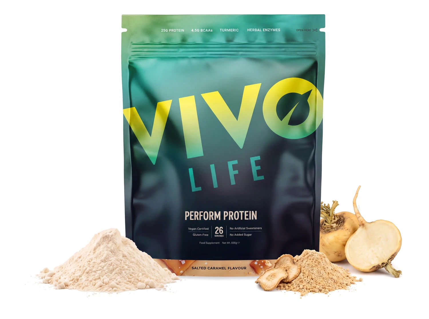 Vivo Life PERFORM słony karmel 936 g, wegańskie białko roślinne z BCAA, obok korzeń macy i maca w proszku