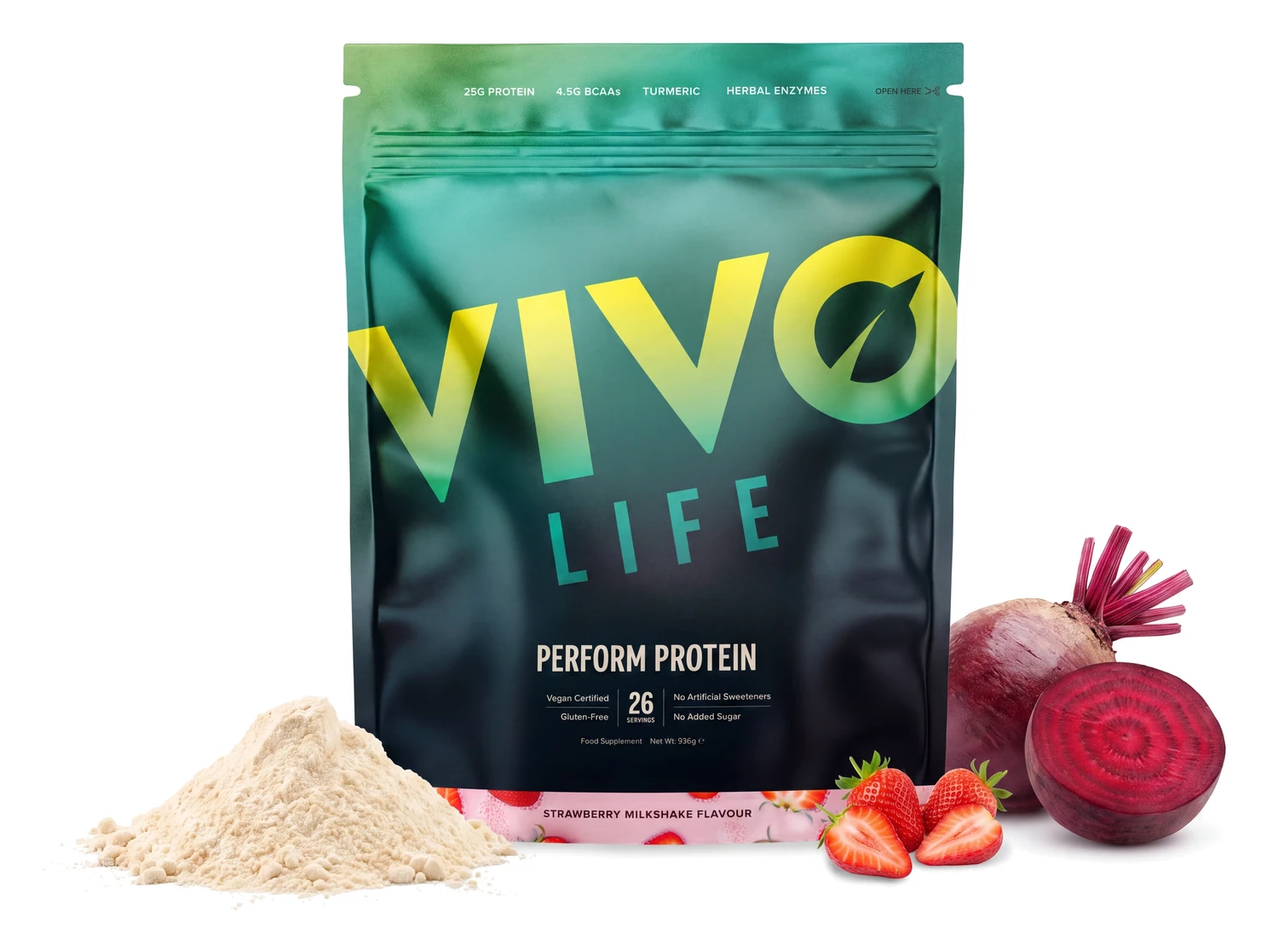 Vivo Life PERFORM truskawkowy milkshake 936 g, wegańskie białko roślinne z BCAA, obok truskawki i korzeń buraka