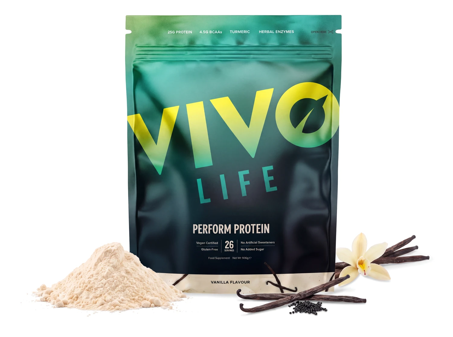 Vivo Life PERFORM waniliowy 936 g, wegańskie białko roślinne z BCAA, obok laski wanilii i kwiat wanilii